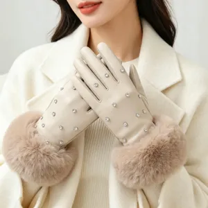 Winter Damen warme Lederhandschuhe mit Kunstpelz Bündchen und funkelnden Strasssteinen elegant.