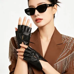 Detail schwarze PU Leder Halbfinger Handschuhe, Punk Stil fingerloses Design mit Knopf.