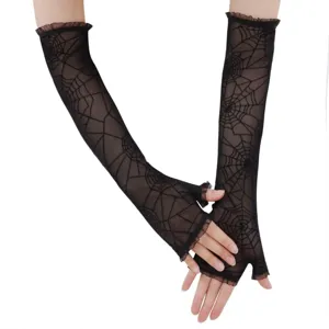Schwarze lange fingerlose Netz-Handschuhe mit Spinnennetz-Muster fuer Halloween Cosplay.