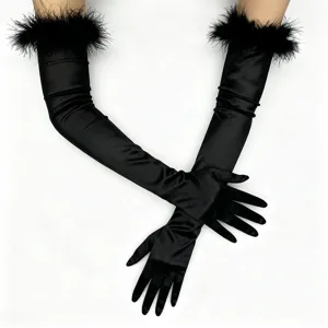 Black long satin opera gloves with fluffy feather cuffs, elegant evening party costume accessory.