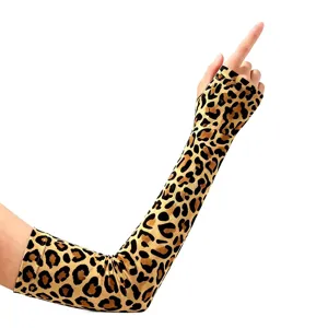 Detailed view of women's stretch leopard print sun protection arm sleeves for outdoor cycling.