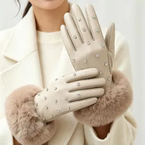 Beige Lederhandschuhe mit Strasssteinen und Plüschmanschetten für Damen Winter warm winddicht