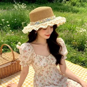Women straw sun hat lace trim hollow out beach hat seaside vacation summer sunshade hat