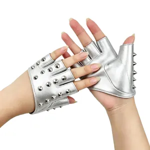 Silver punk half-finger gloves with metal rivets, ideal for street dance, COS and stage shows.