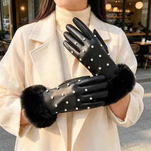 Damen Winter warme schwarze Lederhandschuhe mit Strass und Plüschmanschetten Touchscreen.