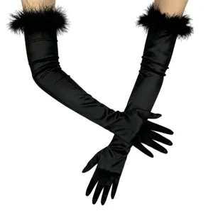 Long black satin gloves with feather cuffs for opera stage, 1920s vintage party costume.