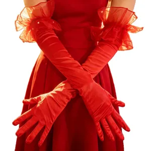 Lange rote 55cm Satin Abendhandschuhe mit Perlen und Rüschen für elegante 1920er Party.
