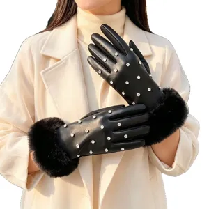 Guanti invernali in pelle da donna con strass e polsini in pelliccia sintetica, caldi.