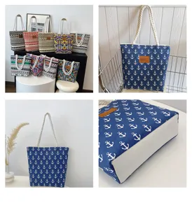 Canvas tote bag with anchor and geometric print, casual large capacity shoulder bag for women.