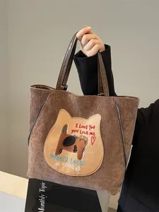Women Large Capacity Tote Bag PU Leather Casual Shoulder Handbag Cute Cat Embroidery Retro Chic Satchel Bag