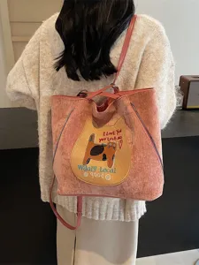 Pink corduroy cat tote bag for women, large capacity convertible shoulder and backpack.