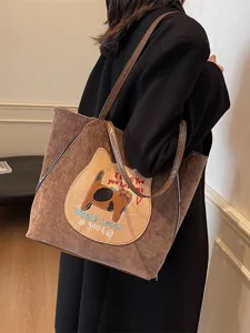 2025 new spring brown corduroy cute cat embroidery large capacity women casual tote shoulder bag