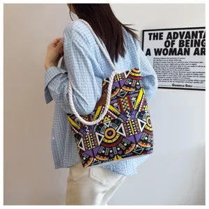 Canvas tote bag for women large capacity shoulder bag colorful geometric print casual handbag