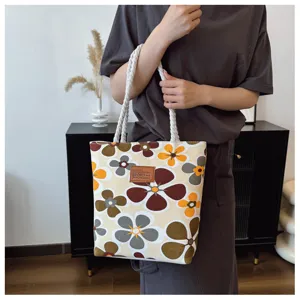 Floral print canvas tote bag detail view, casual lightweight shoulder handbag for women