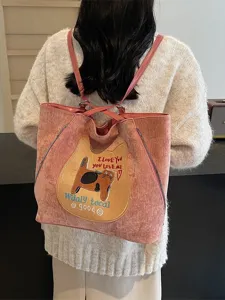 Pink corduroy cat tote bag for women, large capacity convertible backpack and shoulder bag.