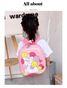 Kids pink hard shell backpack featuring cute unicorn cartoon pattern for school daily use.