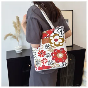 Canvas floral tote bag large capacity shoulder handbag casual daily travel shopping bag