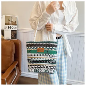 Close-up of the printed knit canvas tote bag featuring geometric patterns and durable handles.