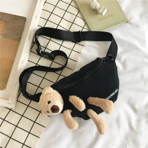 Cute black canvas waist bag with 3d plush teddy bear, stylish crossbody chest bag for women.