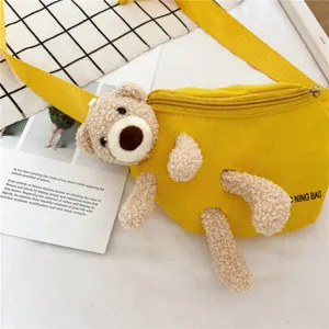 Yellow canvas crossbody waist bag featuring a cute plush teddy bear, stylish daily casual bag.