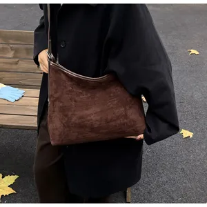 Dark brown suede shoulder bag, slouchy hobo style, retro autumn daily bag for women.