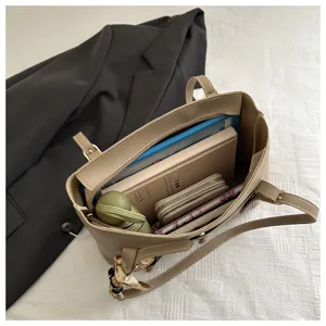 Classic minimalist beige PU leather tote bag, large capacity daily shoulder bag.