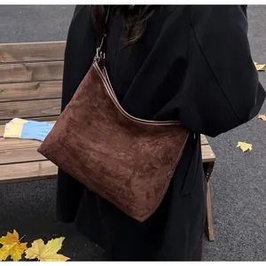 Vintage brown suede shoulder bag for women autumn casual slouchy hobo bag soft leather
