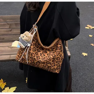 Women Leopard Print Slouchy Tote Bag Autumn Casual Large Capacity Shoulder Handbag