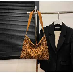 Leopard print slouchy shoulder tote bag vintage casual large capacity PU leather handbag
