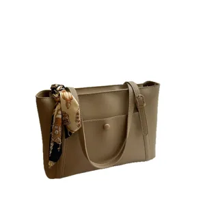Classic commuter tote bag for women, large capacity PU leather shoulder handbag with scarf.