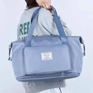 Large capacity foldable travel duffel bag with wet dry separation for gym and sports, portable.