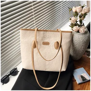 Casual large capacity tote bag for women, stylish embossed PU leather shoulder bag for daily commute.