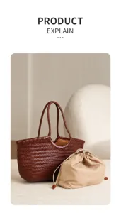 Handwoven leather tote bag featuring an inner drawstring pouch in rich brown color.