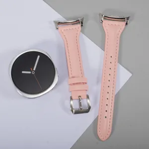 Slim waist pink leather watch strap replacement with silver buckle compatible with Samsung Watch.