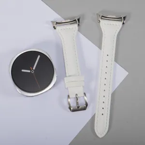 Close-up detail shot of white leather watch strap and dial parts, elegant and neat design.