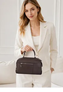 Elegant dark brown leather top-handle handbag, perfect daily commuter bag with spacious capacity.