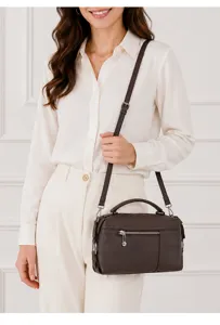 Genuine leather top-handle shoulder bag for women, stylish commuting crossbody bag in dark brown.