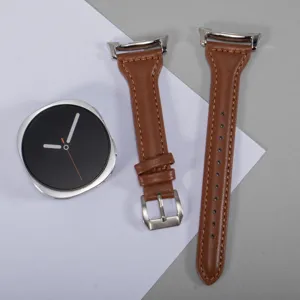 Brown leather watch strap replacement for Samsung smart watch, slim waist design detail.