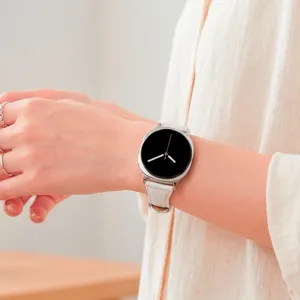 Slim waist leather watch strap detail shot, elegant white strap for smart watch accessory.