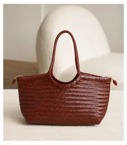 Dark brown woven leather tote bag for women, vintage handmade casual shoulder handbag.