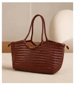 Vintage brown genuine leather woven tote bag for women, handmade large capacity shoulder handbag