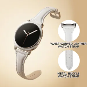 Detail view of white slim waist leather watch strap with metal buckle, close-up features.