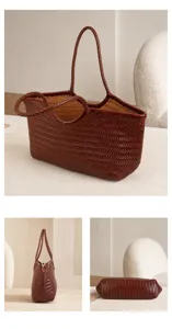 Close-up details of the dark brown handmade woven leather tote bag showcasing fine craftsmanship.