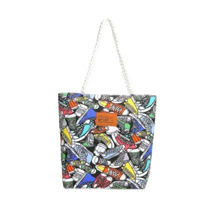 Detailed view of colorful sneaker print canvas tote bag with sturdy rope handles.