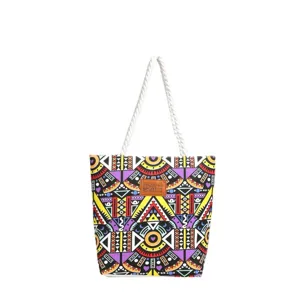 Colorful geometric print canvas tote bag with white rope handles, lightweight casual women bag.