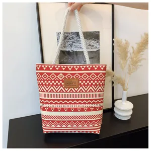 Red and white geometric print canvas tote bag, large capacity casual shoulder bag for women.