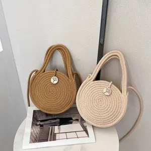Stylish round woven straw crossbody bag for women, bohemian summer shoulder handbag, casual.