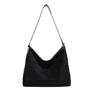 Classic black suede hobo shoulder bag for women, minimalist daily slouchy large capacity purse.