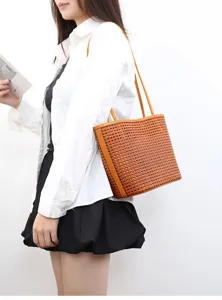 Casual woven leather tote bag for women, minimalist style brown single shoulder bag daily use.