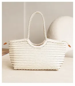 Woven leather shoulder bag detail, vintage hand-crafted tote design, elegant underarm style.